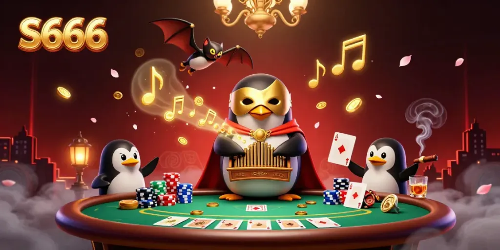 Experience the excitement of S666 casino with a whimsical penguin and acrobat in a 3D fantasy scene.
