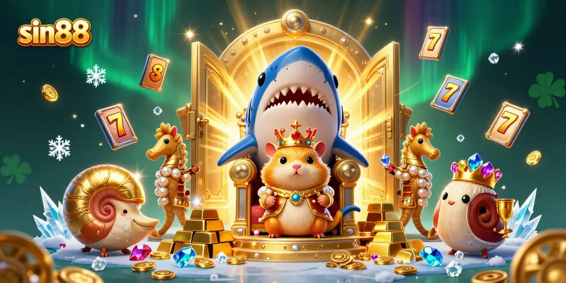 Experience the magic of sin88 with a fierce hamster king and treasures in a vibrant casino scene.