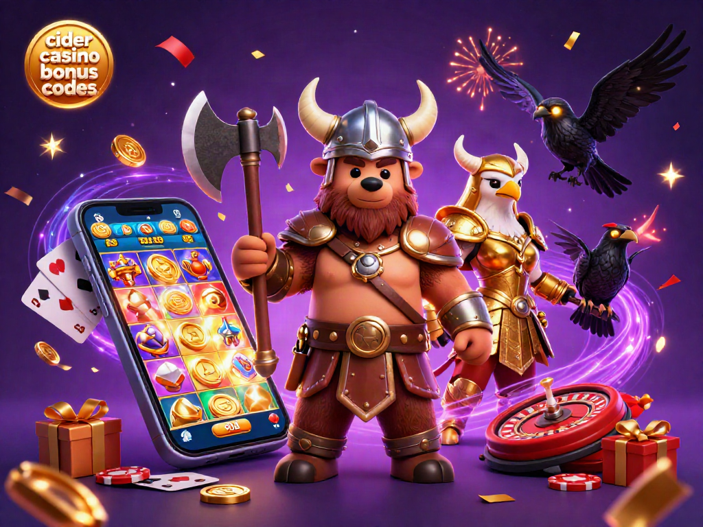 Cider casino bonus codes showcased in an energetic scene with a Viking bear and Valkyrie eagle among casino elements.