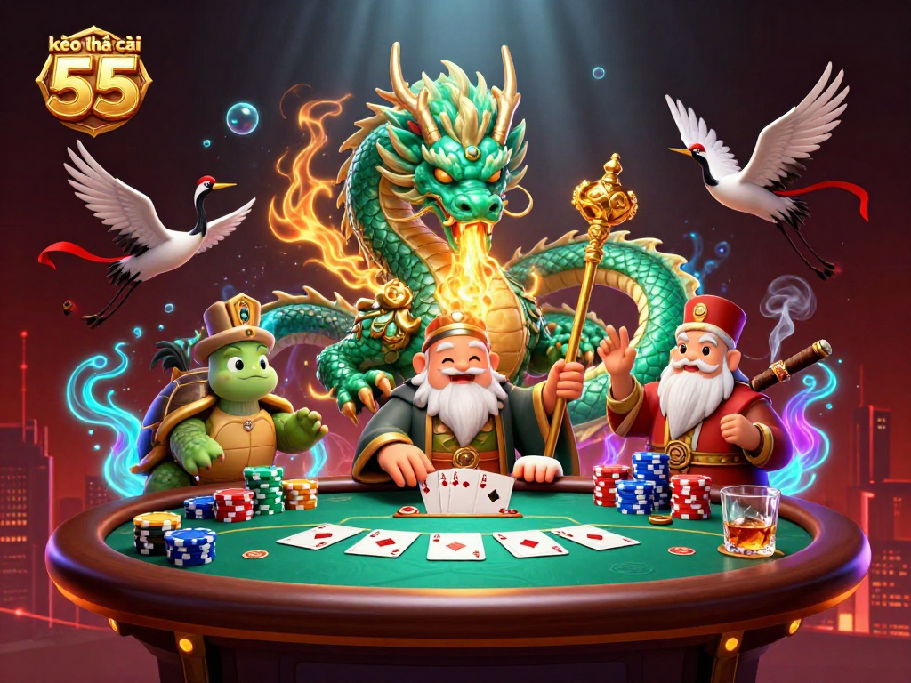 Experience kèo nhà cái 55 illustrated with an emerald dragon, poker elements, and vibrant casino scenes.