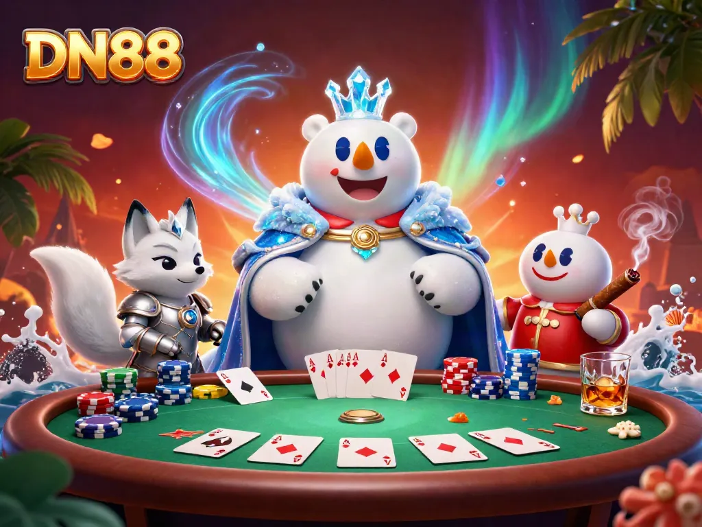 Join the excitement at DN88 with vibrant poker action, featuring a friendly polar bear and snow fox.