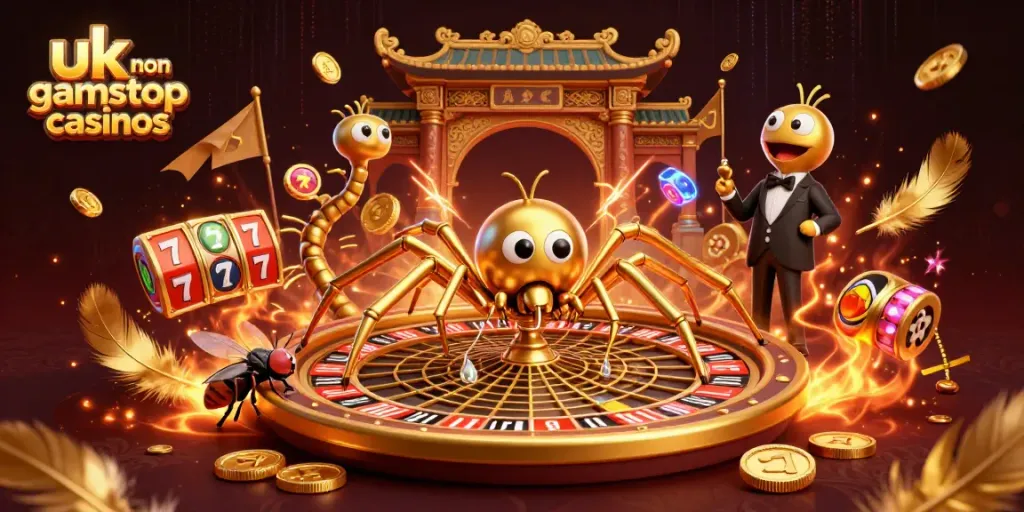 Engage with exciting uk non gamstop casinos featuring a golden spider web roulette wheel scene.