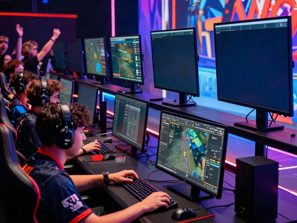 Juraganbola esports tournament with gamers competing in a vibrant arena.