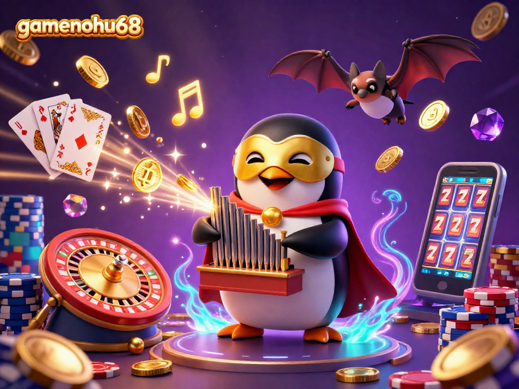 Experience gamenohu68's thrilling casino atmosphere with golden coins and a phantom opera penguin.