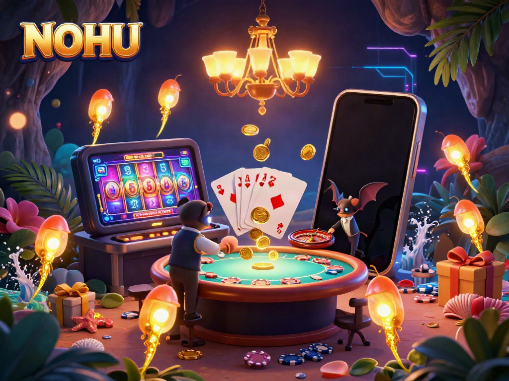 NOHU illuminates a vibrant cave casino with glowworms, showcasing exciting gambling elements.