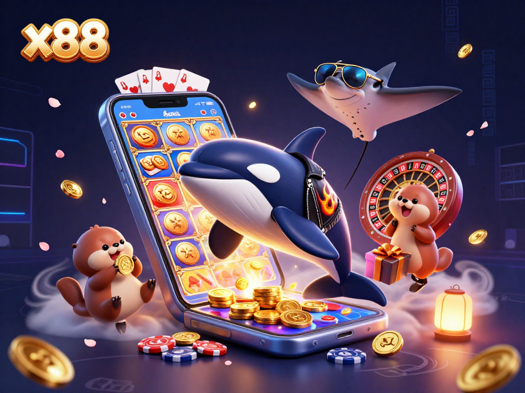 x88 brings excitement with cartoon characters celebrating wins in an animated casino scene