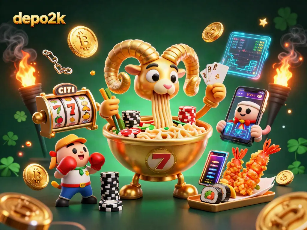 Deal slots and crypto with depo2k in this vibrant casino-themed illustration.