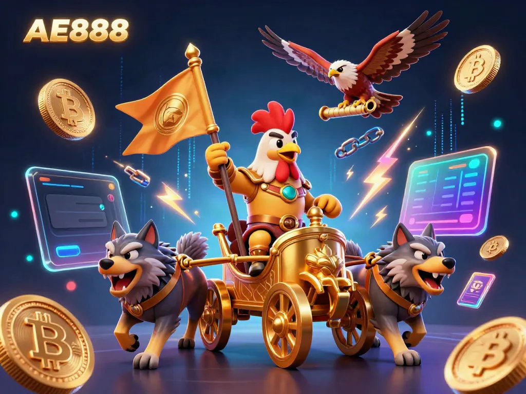 Experience the thrill of AE888 with a 3D rooster warlord leading a vibrant casino adventure.