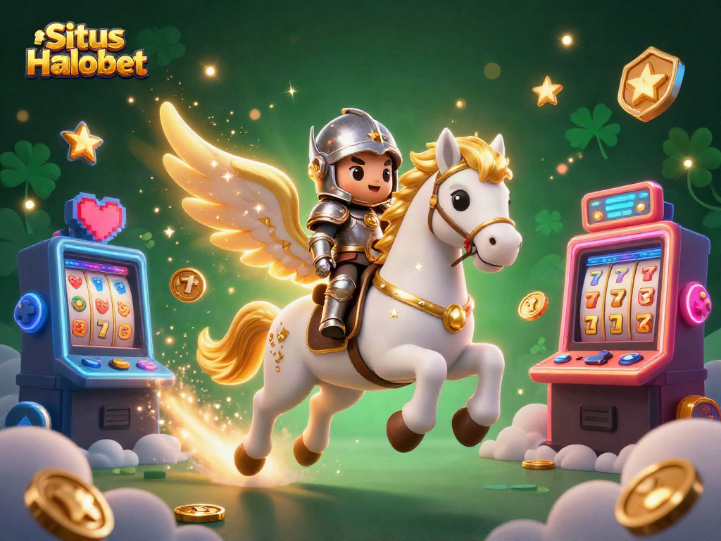 Situs Halobet gameplay scene featuring a galloping celestial horse and armored knight amidst vibrant casino elements