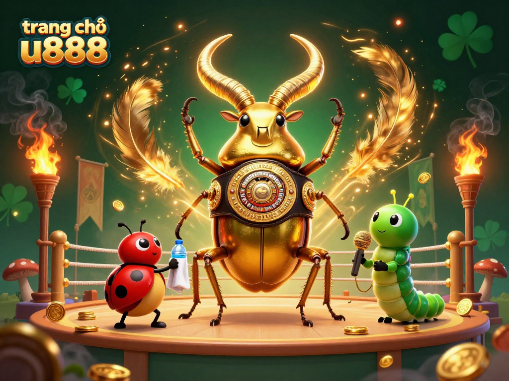Experience the action-packed scene of trang chủ u888 where a golden stag beetle champion faces off in an exciting casino showdown.