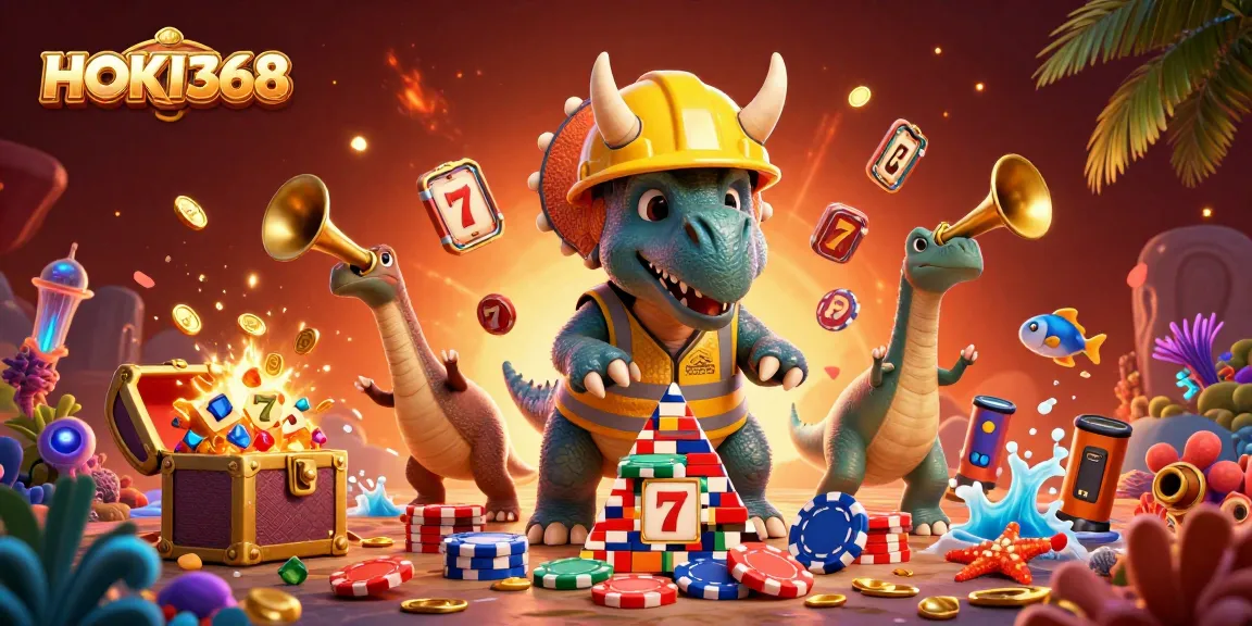 Engaging HOKI368 scene with a triceratops building poker chips and joyful celebration, featuring vibrant casino elements.