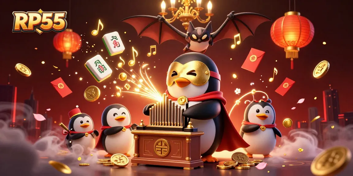 Experience the excitement of RP55 with a whimsical scene featuring a penguin playing a golden organ amidst dazzling casino elements.