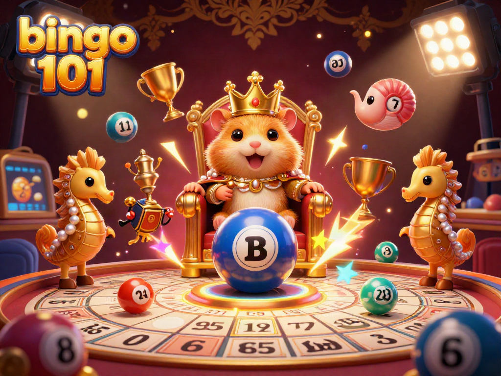 Mainkan bingo 101 dengan raja hamster emas yang bercorak karang dan pelindung dari kuda laut.