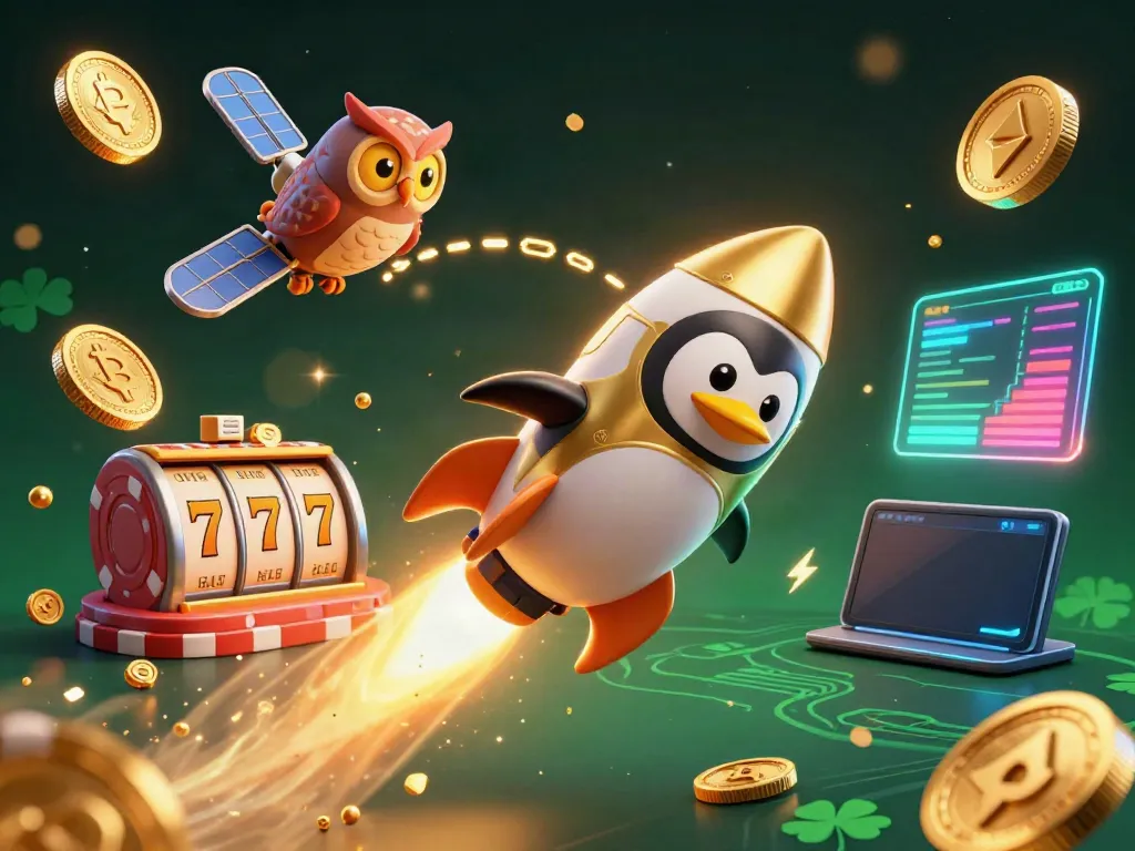 Experience the excitement of Slot Gacor with a vibrant 3D illustration showcasing a golden penguin, casino themes, and cryptocurrency elements.