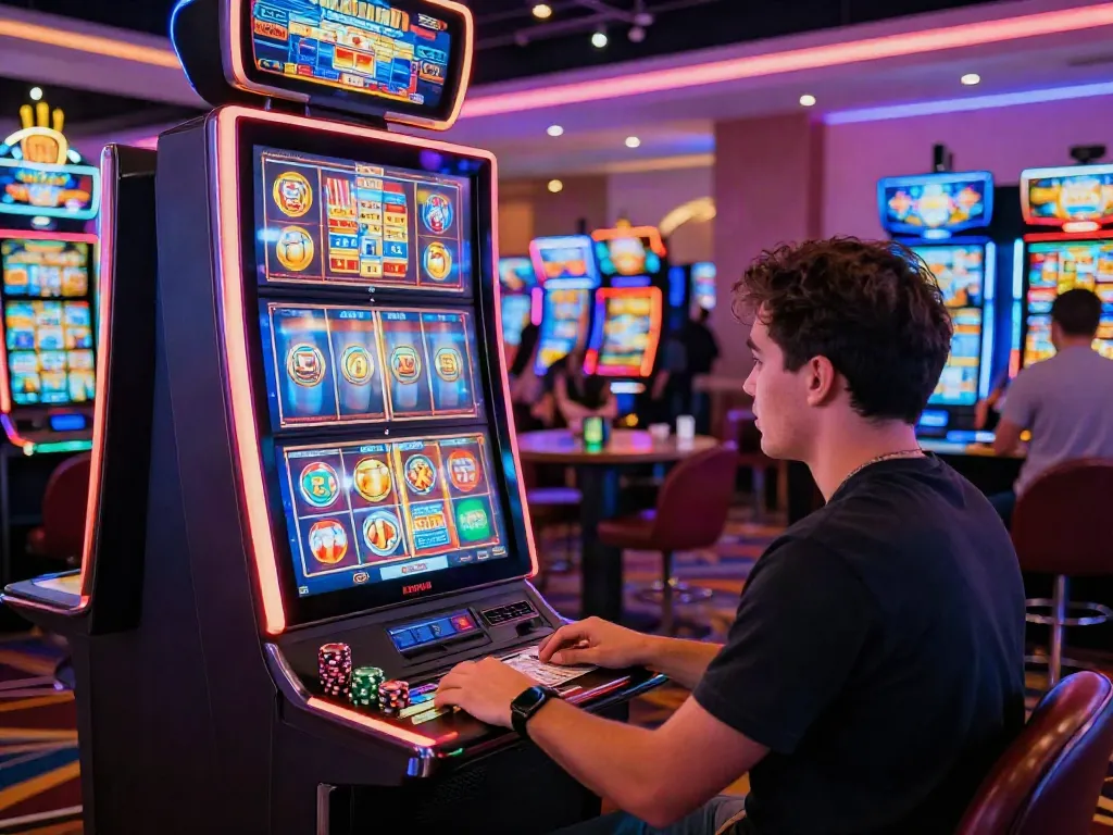 Excited player enjoying the Lucky777 slot machine experience in a vibrant casino setting.