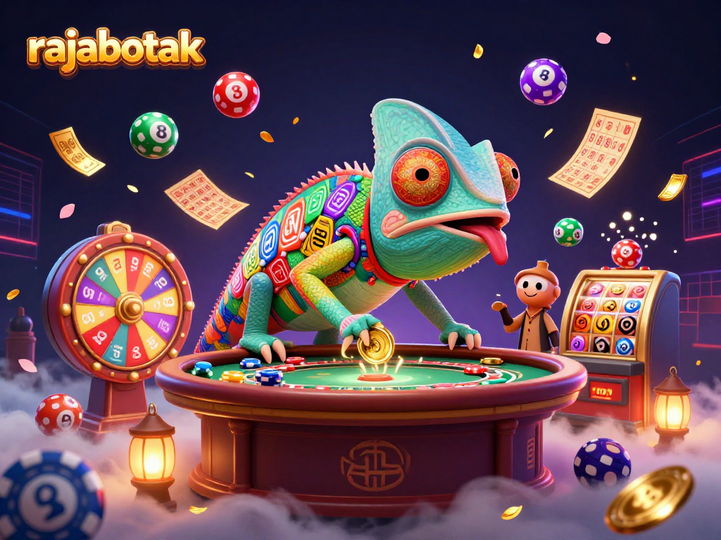 Experience the thrill of rajabotak as the chameleon casino owner grabs golden coins among colorful lottery elements.