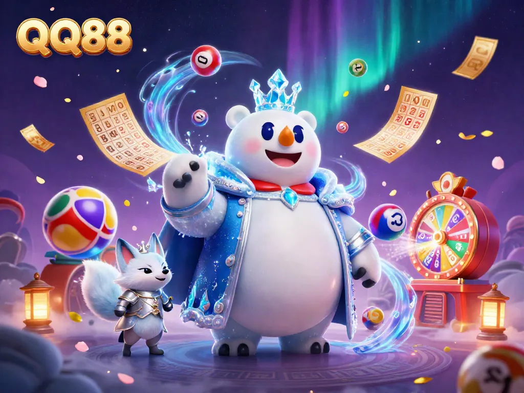 Experience thrilling gaming action with QQ88's captivating 3D illustration showcasing a polar bear king and snow fox.