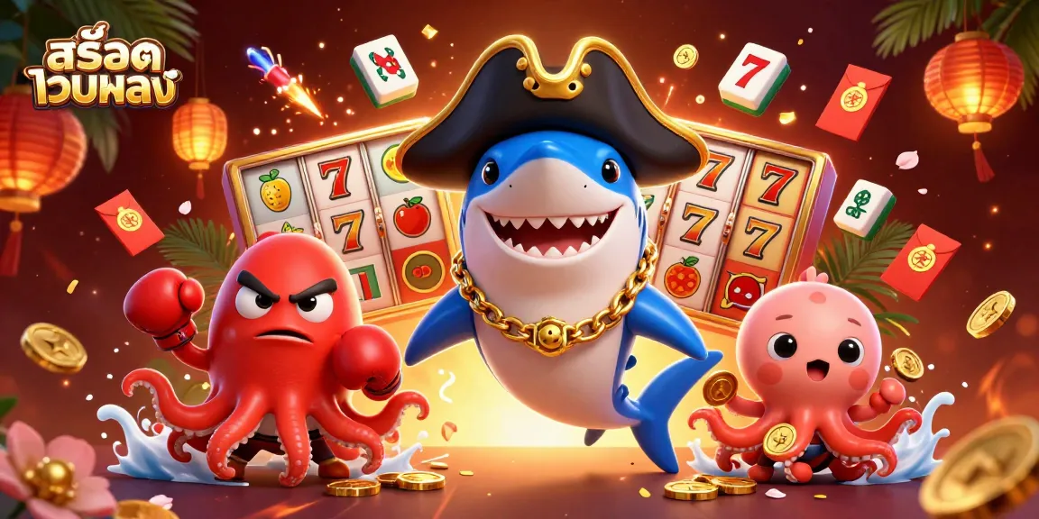 Engage in thrilling gameplay with สล็อตเว็บตรง, featuring a pirate shark and aquatic friends in a colorful casino scene.