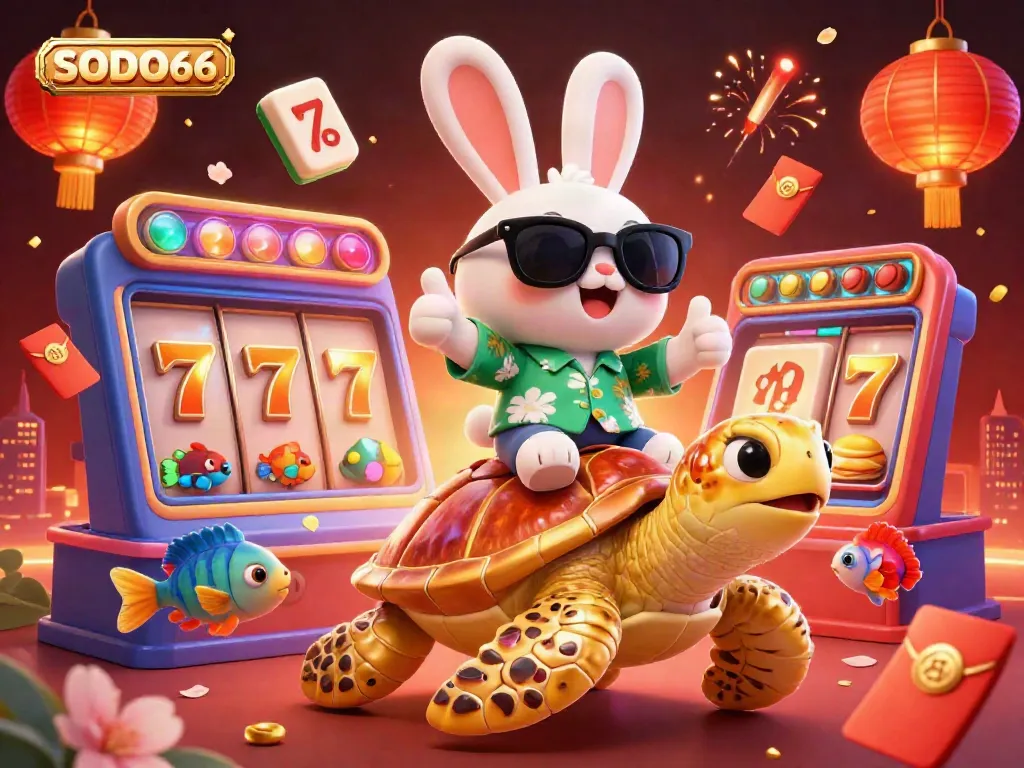SODO66 offers an engaging casino experience with a lucky rabbit, golden turtle, and vibrant slot elements.