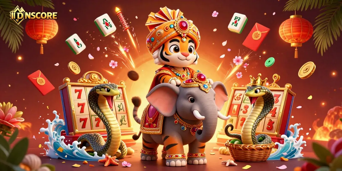 Experience the thrill of IDNSCORE with a majestic maharaja tiger, vibrant slot reels, and dynamic casino elements.