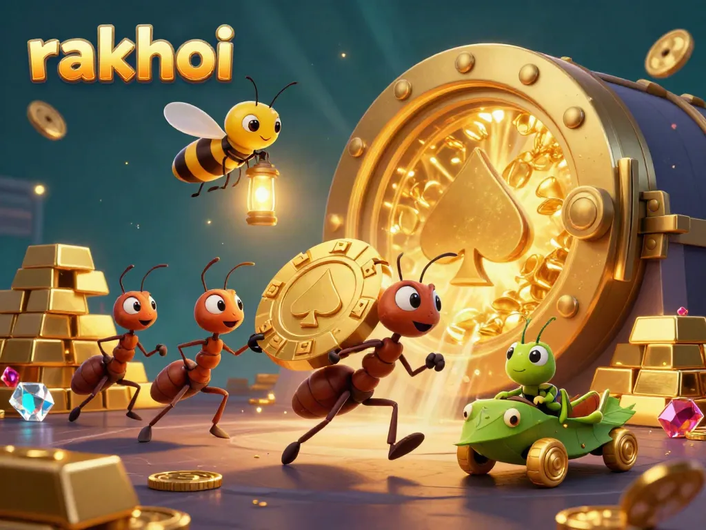 Experience gambling excitement with rakhoi as cartoon ants heist a golden poker chip amidst gold treasures.