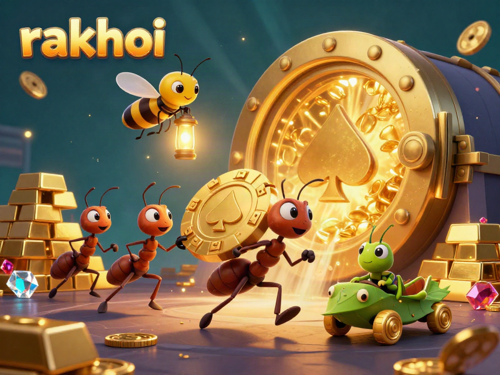 Experience gambling excitement with rakhoi as cartoon ants heist a golden poker chip amidst gold treasures.