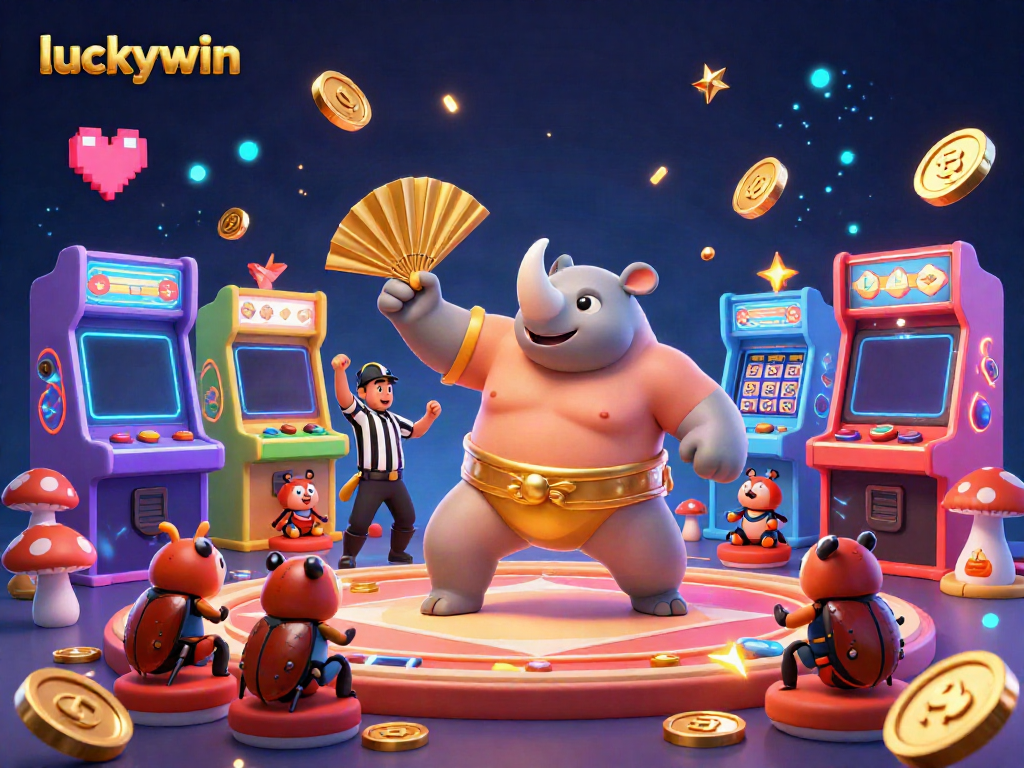 Win big at luckywin with a dynamic casino scene featuring a rhinoceros beetle champion stomping coins, surrounded by colorful game machines.