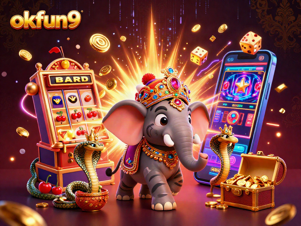 Play exciting games with okfun9's vibrant casino scene featuring a royal tiger and treasures.