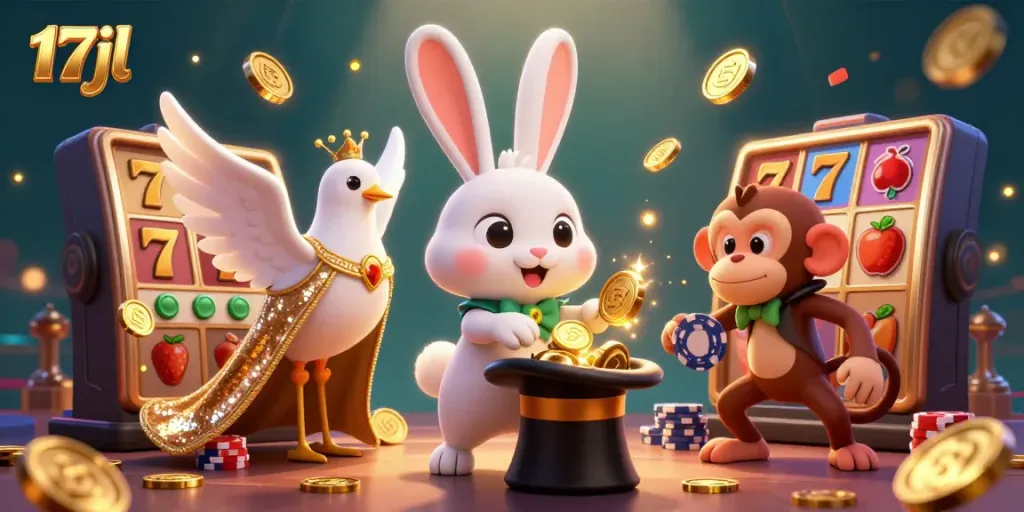 Experience thrilling wins with 17jl as the magician rabbit conjures golden slots action in this vibrant casino illustration.