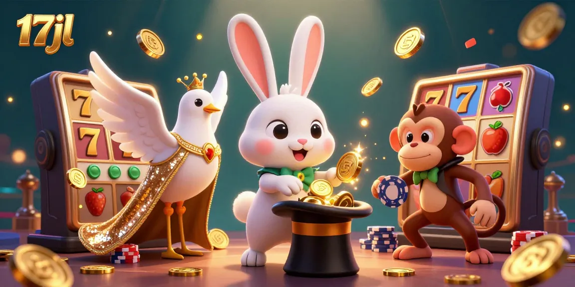 Experience thrilling wins with 17jl as the magician rabbit conjures golden slots action in this vibrant casino illustration.