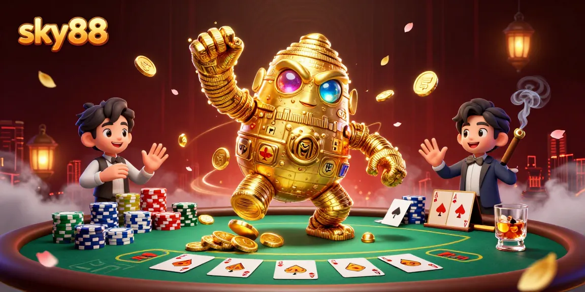Sky88 showcases a vibrant golem of coins amidst thrilling poker action, perfect for gamblers.