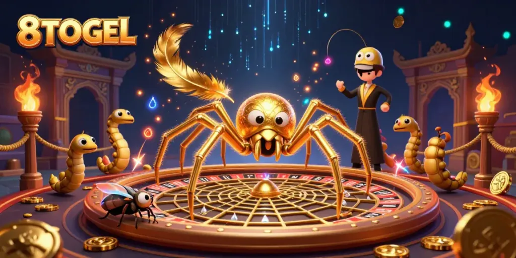 Experience exciting gameplay at 8TOGEL, where a golden spider spins a roulette wheel web.