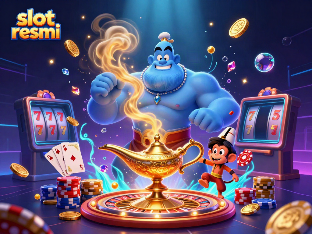 Slot resmi dengan jin biru dan koin emas, menyajikan pengalaman permainan yang mendebarkan.