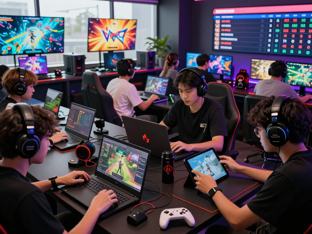 Players enjoying various games on 51game platform in a vibrant gaming lounge