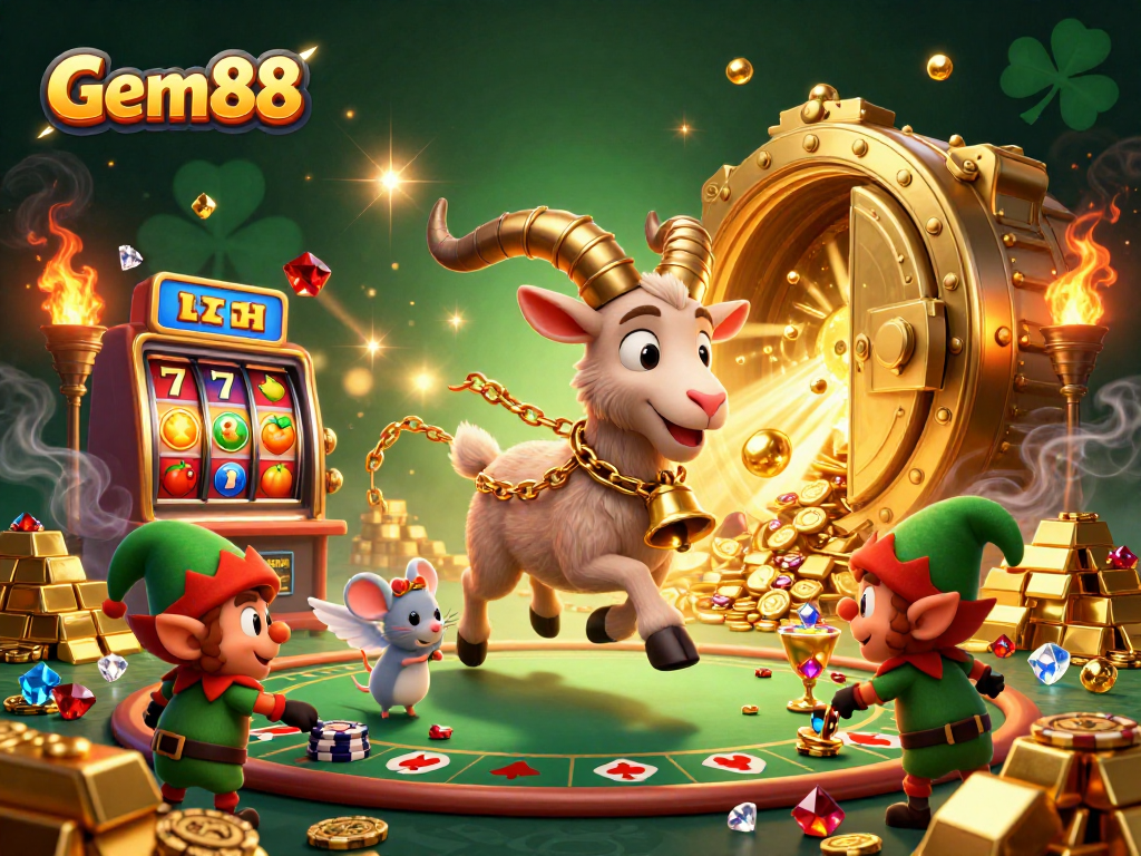 Win big at Gem88 with a festive holiday casino scene featuring Krampus and playful characters.