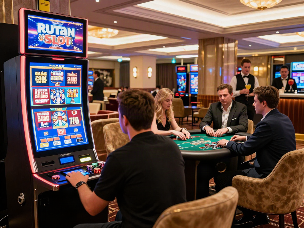 Exciting gambling scene with players engaging at Rutan Slot machines in a sophisticated casino atmosphere.