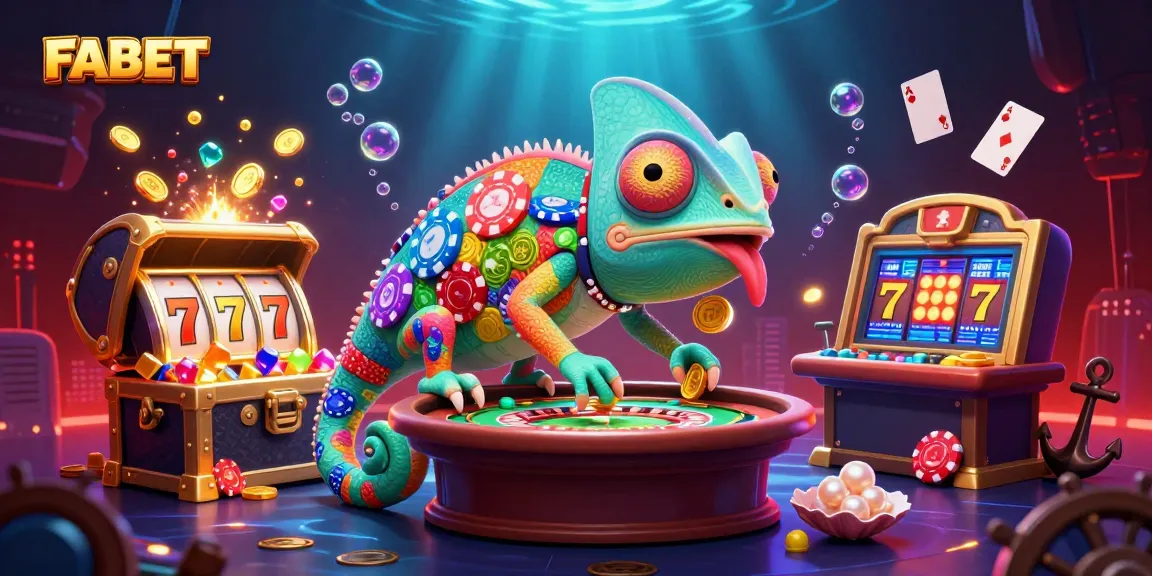 Experience FABET with a lively chameleon casino owner amidst vibrant slots and treasures.