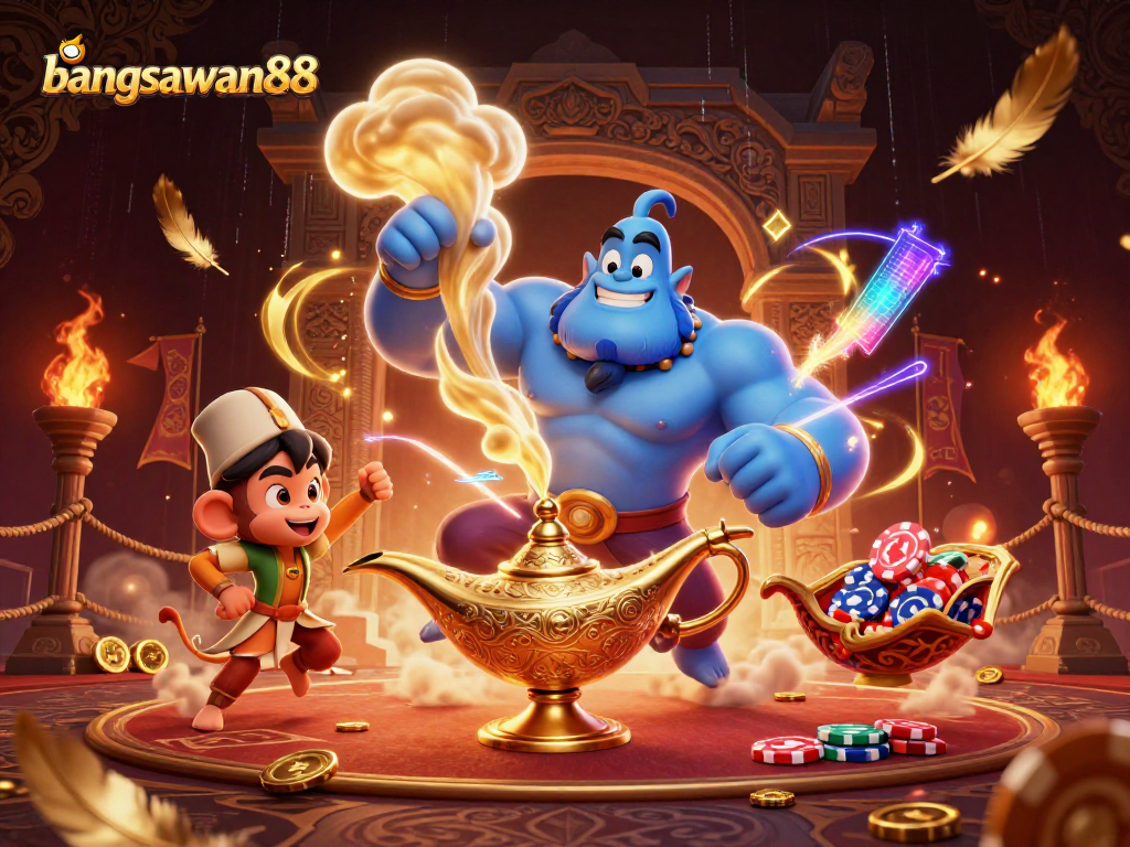 Experience the thrills of bangsawan88 with a rich casino magic scene featuring a blue genie, poker chips, and treasure.