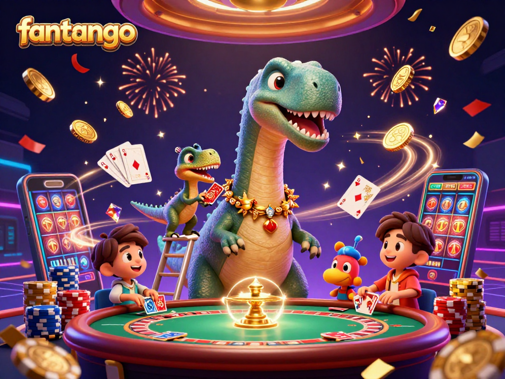 Experience the fun of fantango as the colossal brontosaurus plays cards in a vibrant casino scene.