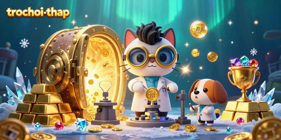 Engage in thrilling trochoi-thap gameplay with mad scientist cat and loyal dog in a treasure-filled lab.