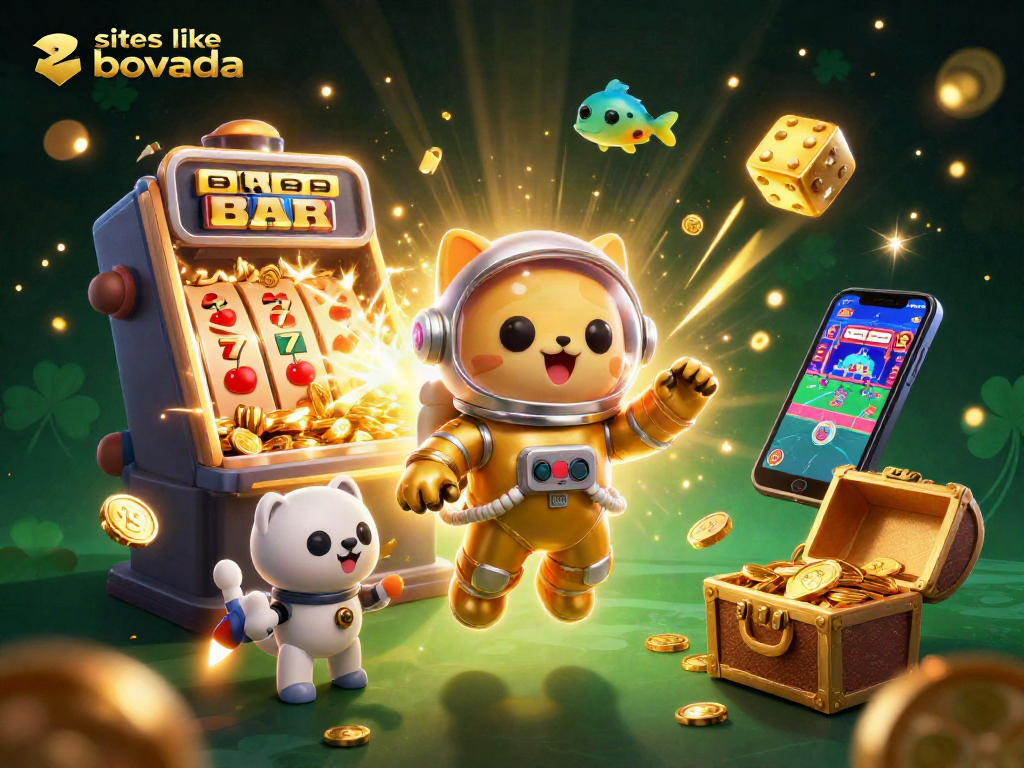 Explore exciting sites like Bovada with a dynamic illustration of a cosmic casino adventure.