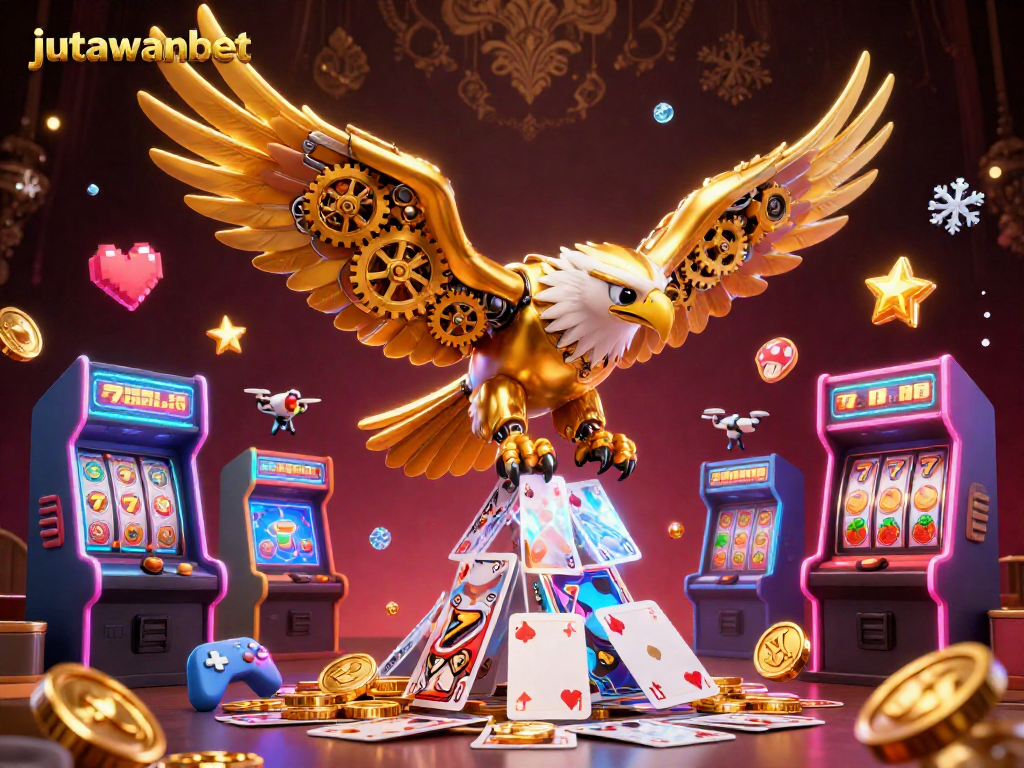 Experience thrilling slots at jutawanbet with a dynamic 3D illustration of a cybernetic golden eagle surrounded by game elements.