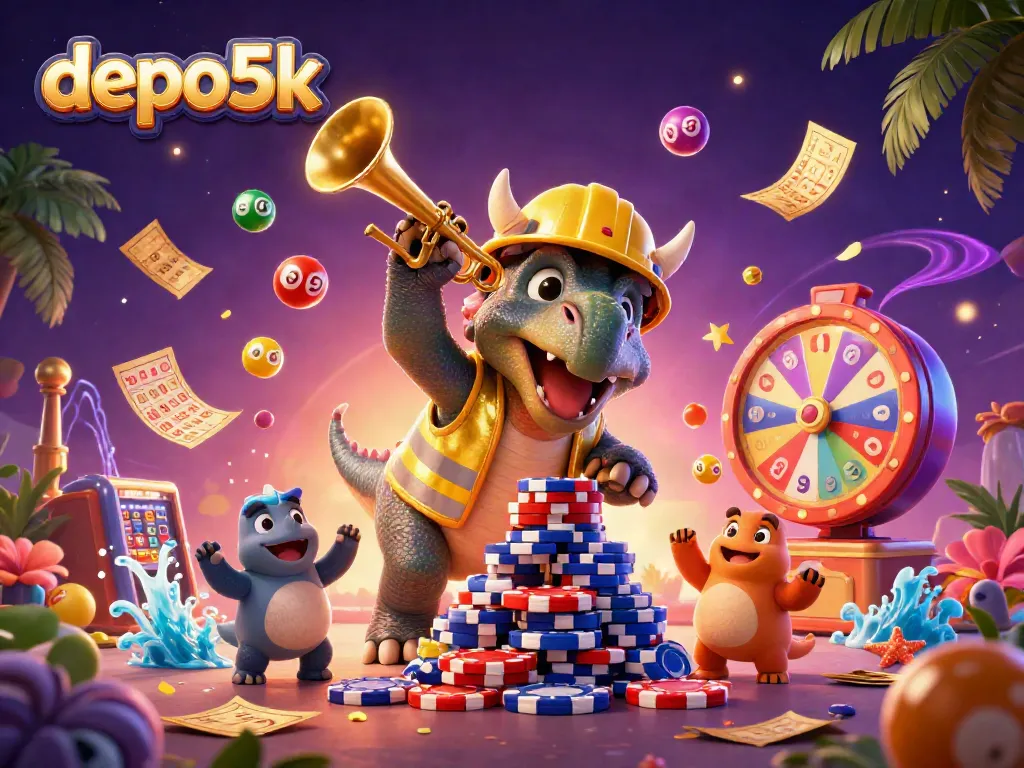 Join the fun with depo5k as colorful lottery elements and cheerful characters create a vibrant casino scene.