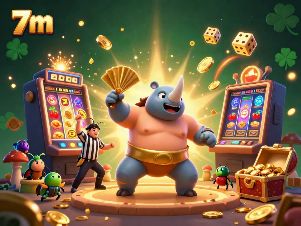 Experience thrilling gameplay at 7m with a showcase of a sumo beetle champion surrounded by fun casino elements.