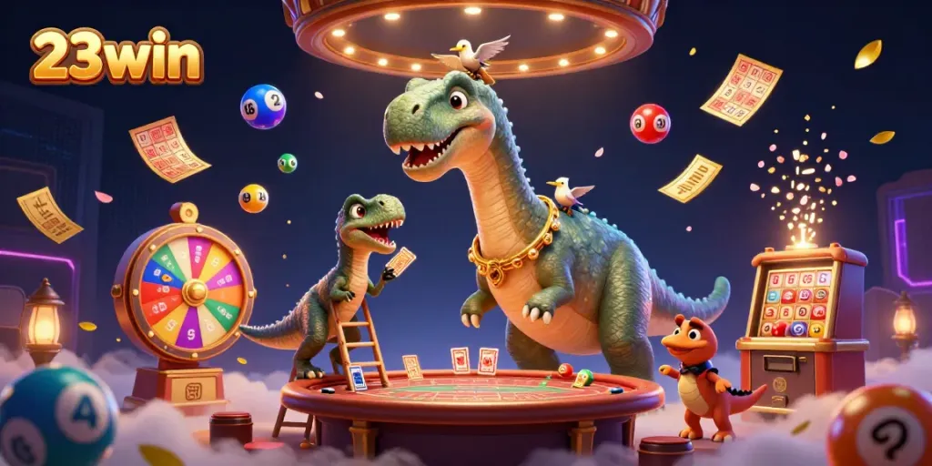 Experience the excitement of 23win with vibrant lottery elements and dynamic casino characters in action.