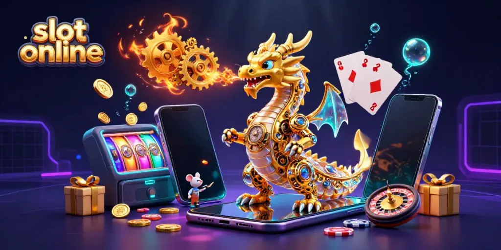 Engage with exciting slot online gaming as a golden dragon breathes golden gears amidst colorful slot machines.