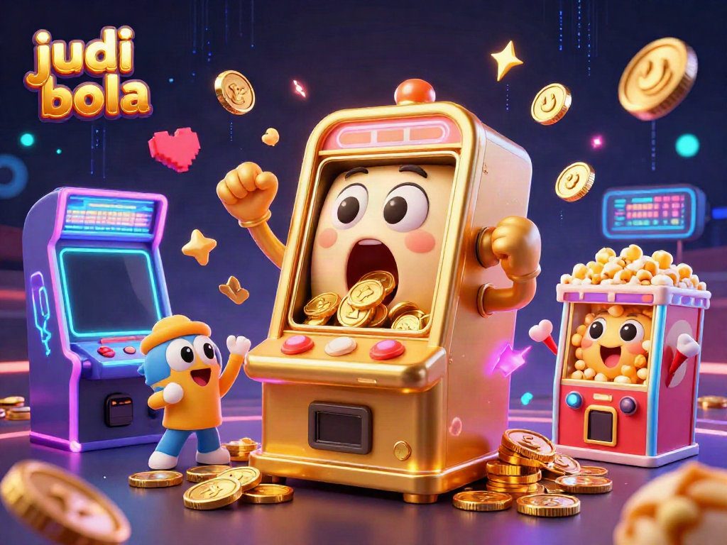 Exciting judi bola scene with a golden slot machine celebrating a jackpot, surrounded by cheering baby slot machines and game elements.