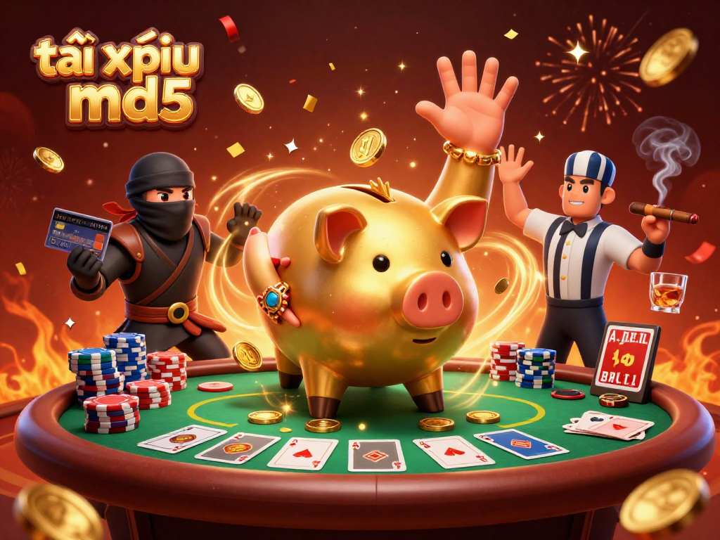 Engage in the excitement of tài xỉu md5 with a lively 3D illustration featuring characters, poker elements, and gold coins.