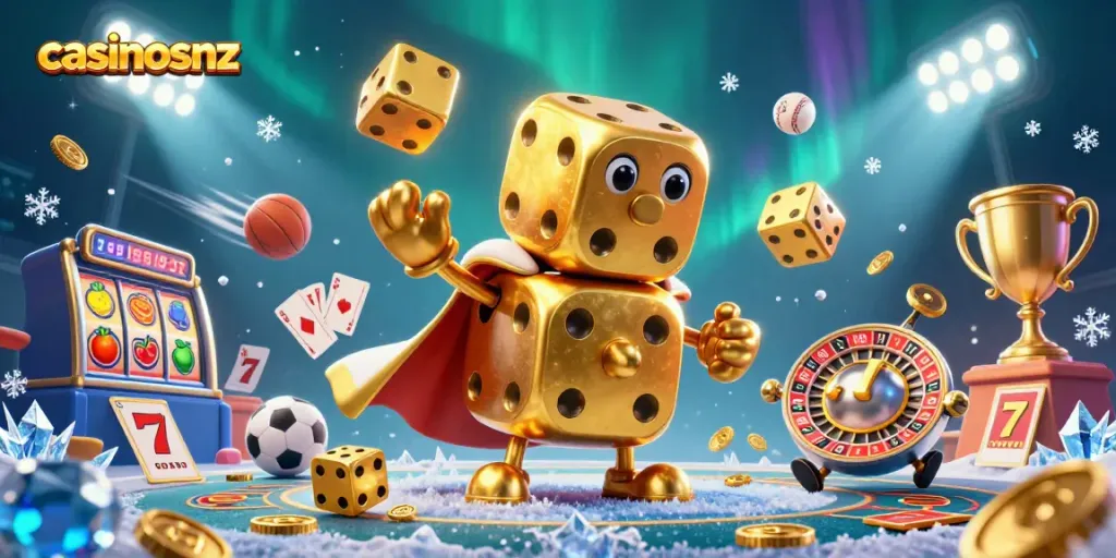 Experience casinosnz with a lively scene featuring a golden dice golem and dynamic slot elements.