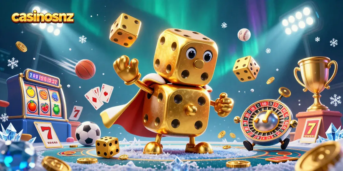Experience casinosnz with a lively scene featuring a golden dice golem and dynamic slot elements.